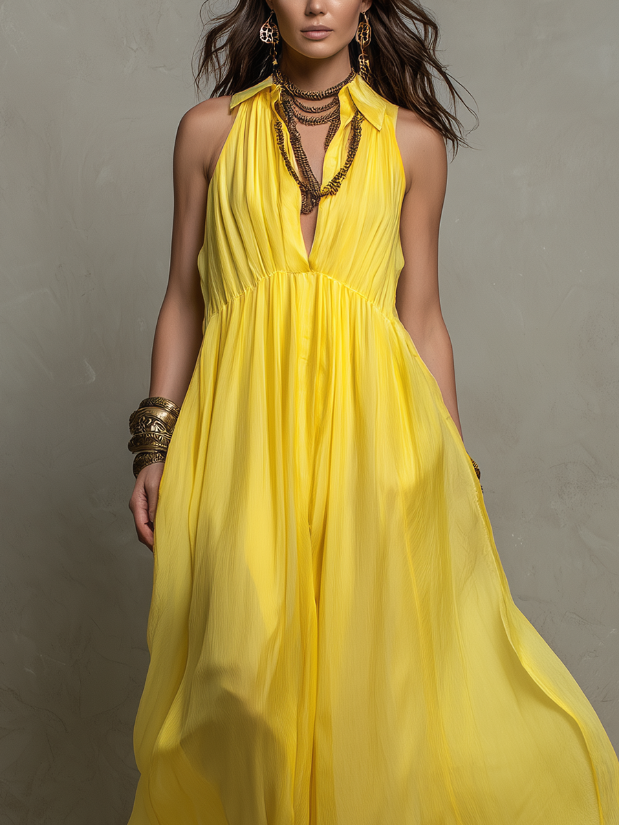 Flowy Bohemian Yellow Chiffon Maxi Dress