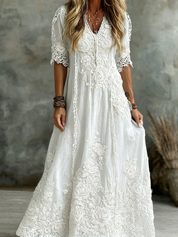 Women's Vintage White Rose Floral Art Linen Blend V Neck Maxi Dress