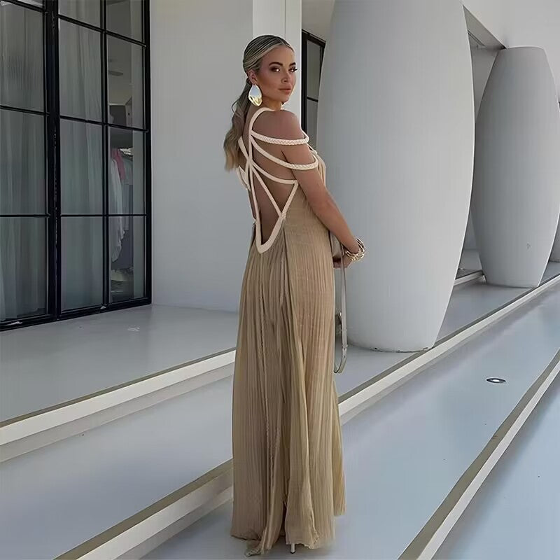 Off Shoulder Halter Maxi Dress(With Belt)
