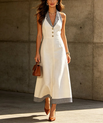 Women's Halter Neck Midi Dress with Gingham Hem