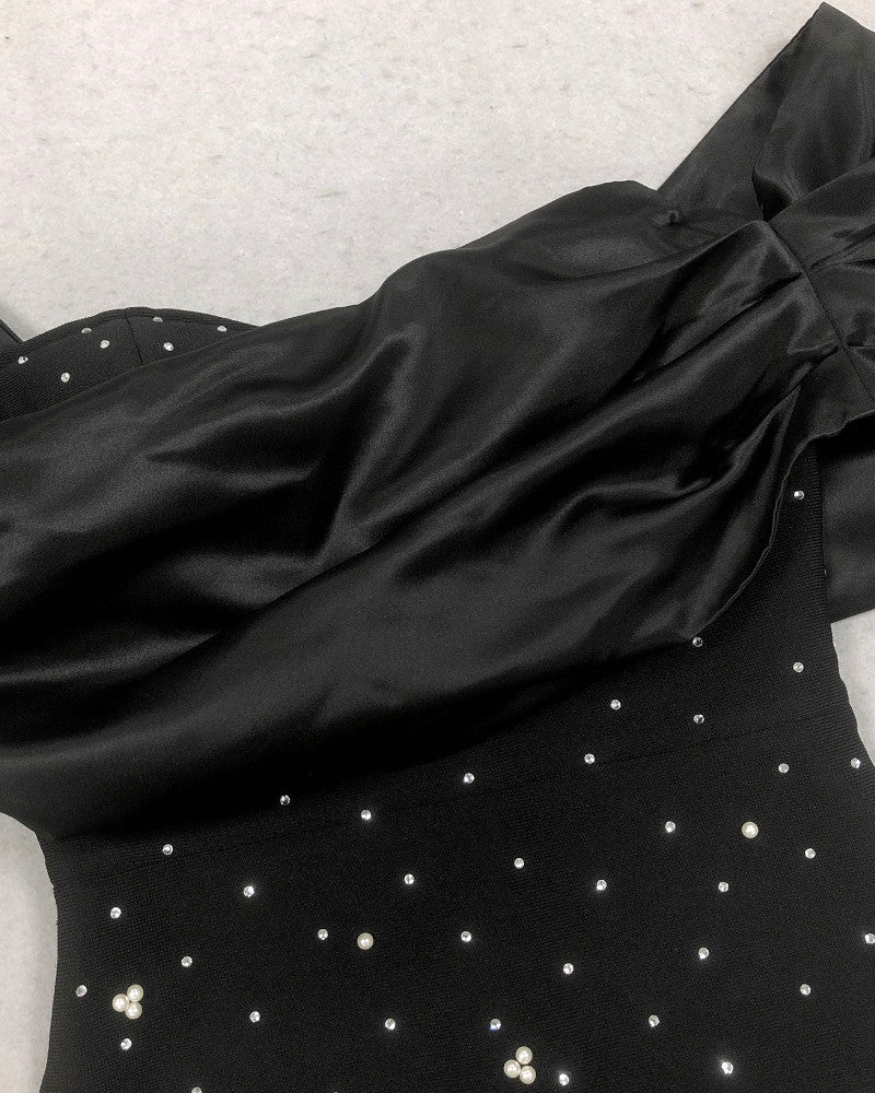 Draped Bardot Crystal Pearl Floral Maxi Dress Black