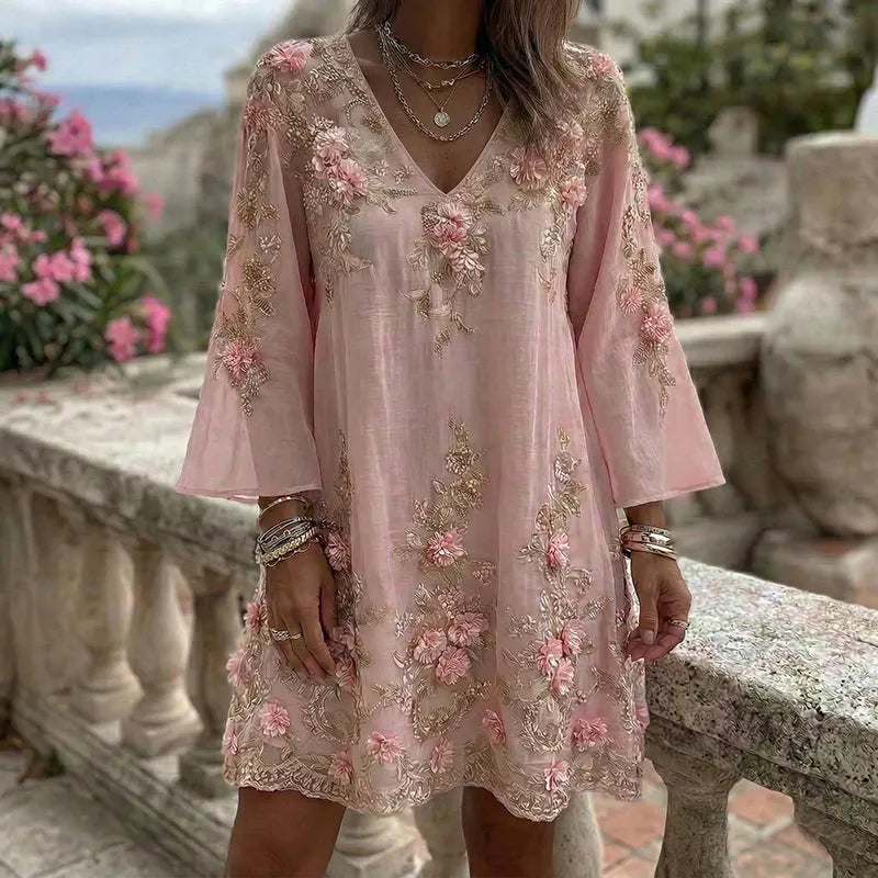 Women's Vintage Pink Rose Embroidery Art V Neck Linen Blend Midi Dress