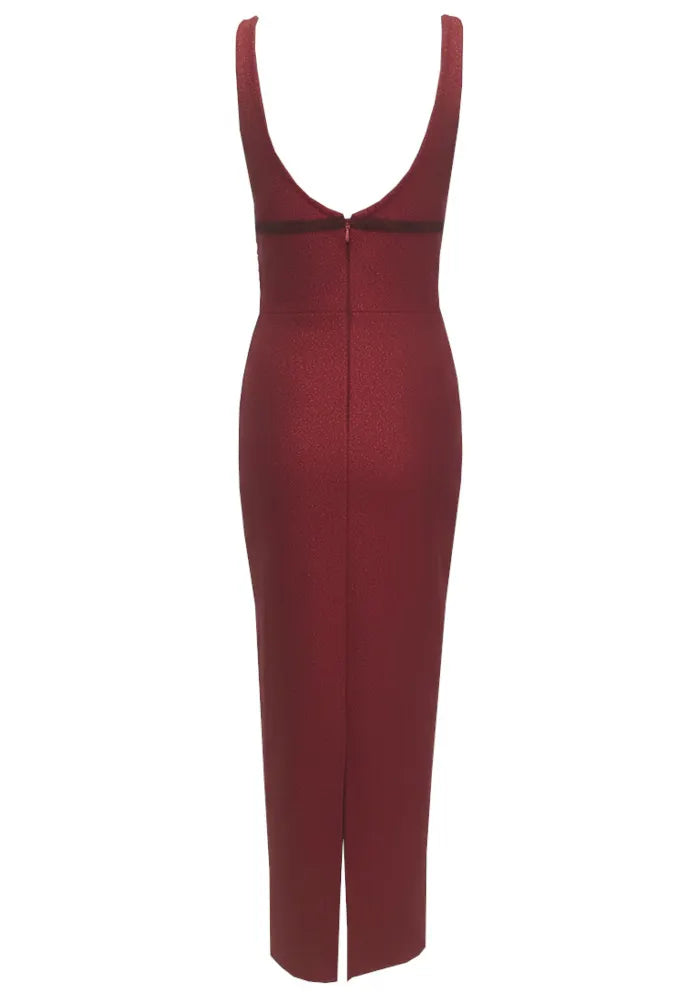 Embellished Plunge V Neck Maxi Dress Burgundy