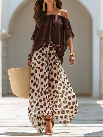 Vacation short-sleeve top and polka-dot wide-leg trousers chiffon set