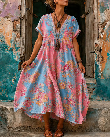 Women's Vacation Linen Boho Floral Print V-Neck Short Sleeve Maxi Dress