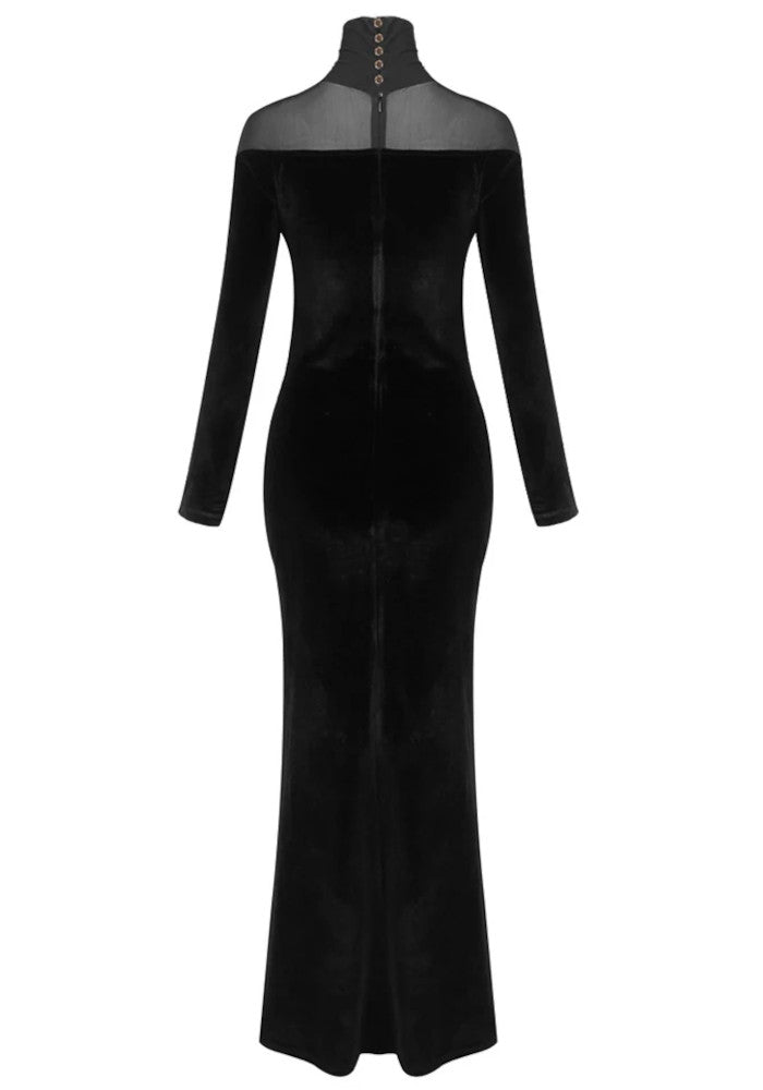 Long Sleeve Mesh Insert Velvet Maxi Dress Black