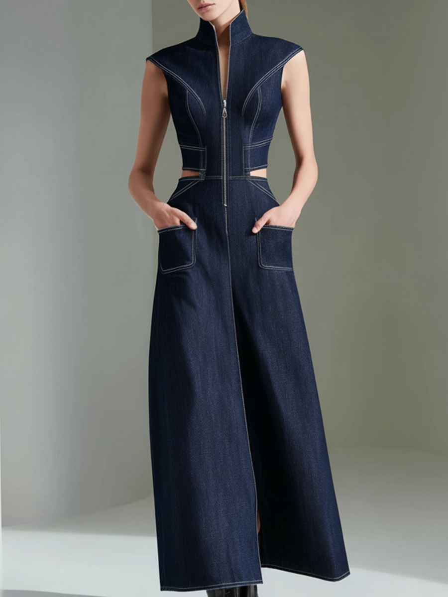 Architectural High-Neck Denim Maxi Dress