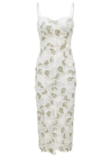 Floral Lace Midi Dress White Green