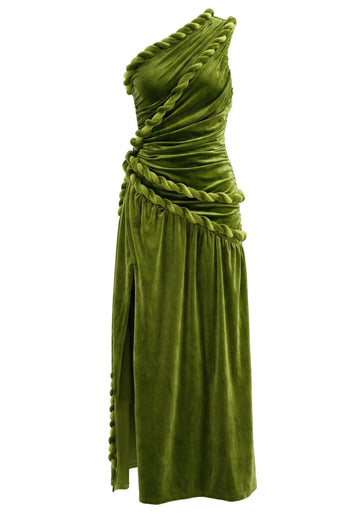 One Shoulder Maxi Velvet Dress Green