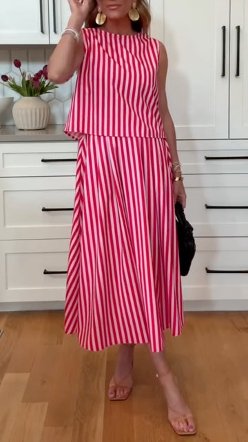 Stripe Sleeveless Two Piece Midi Skirt Set