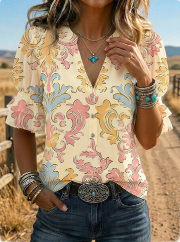 Women's Retro Leopard Floral Puff Sleeve Casual Shirt
