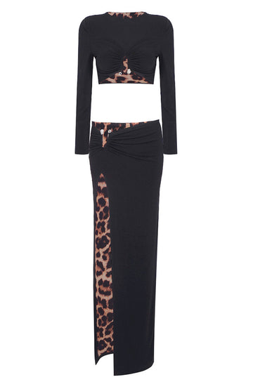 Long Sleeve Animal Print Maxi Two Piece Dress Black