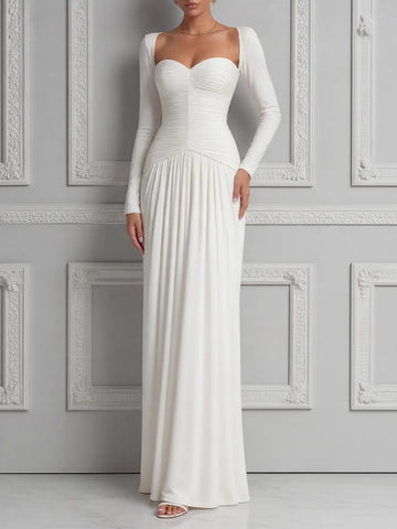 White Dress Sweetheart Neck Ruched Long Sleeve Maxi Dress