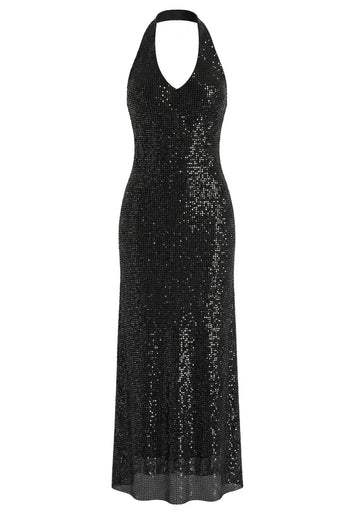 Halter Sparkly A Line Midi Dress Black