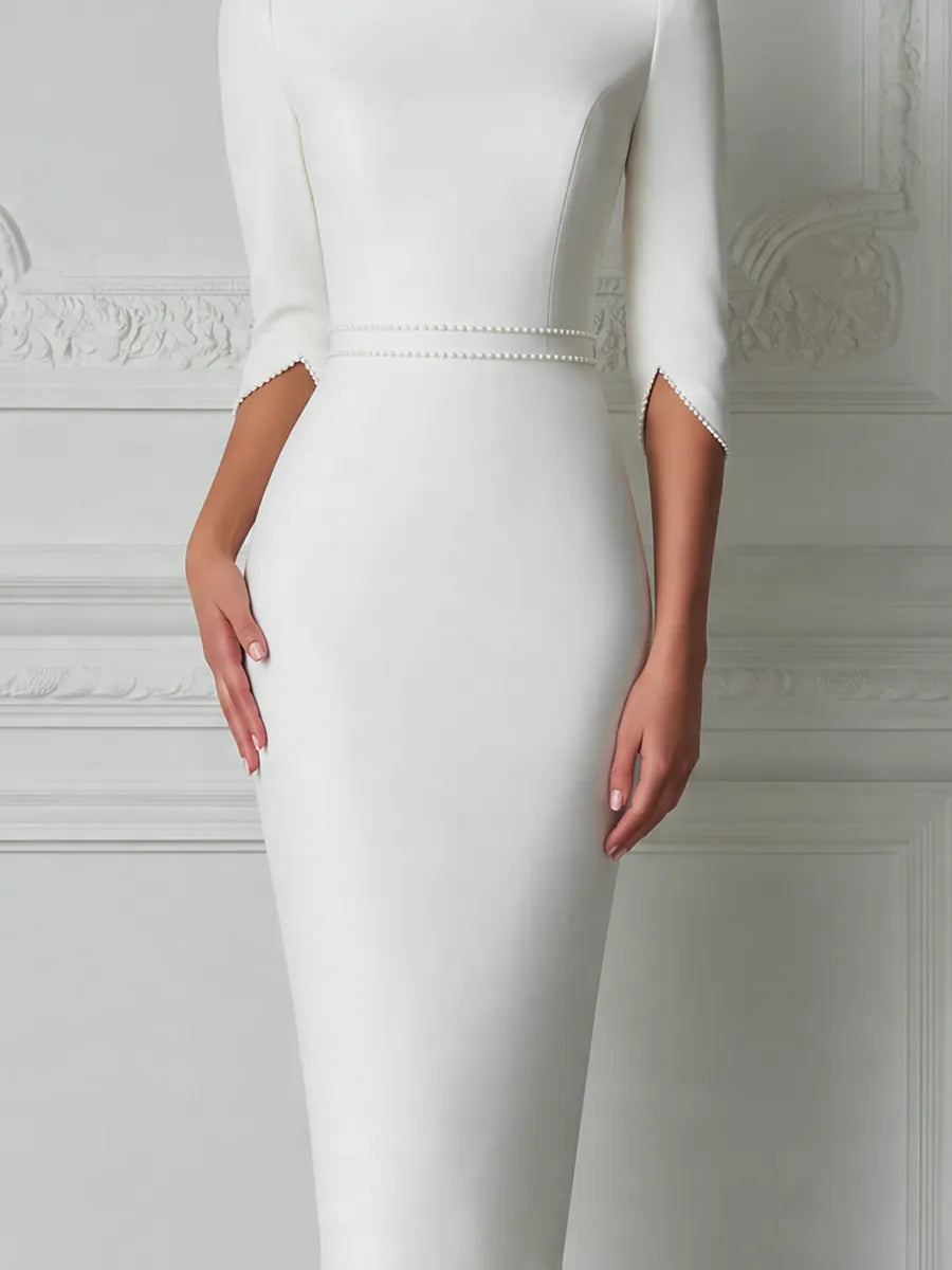 White Dress Off Shoulder Pearl Trim Pencil Midi Dress