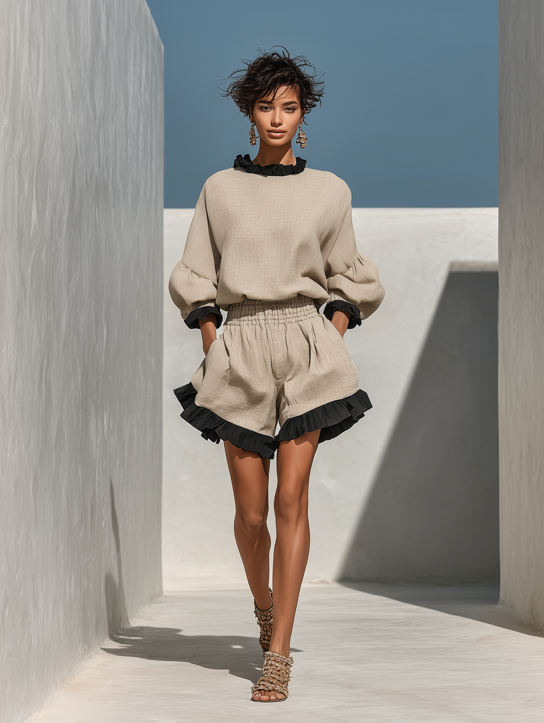 Women’s Beige Linen-Blend Contrast Ruffle Trim Long Sleeve Blouse & High-Waisted Ruffle Hem Shorts Two-Piece Set MDZ1018D0T