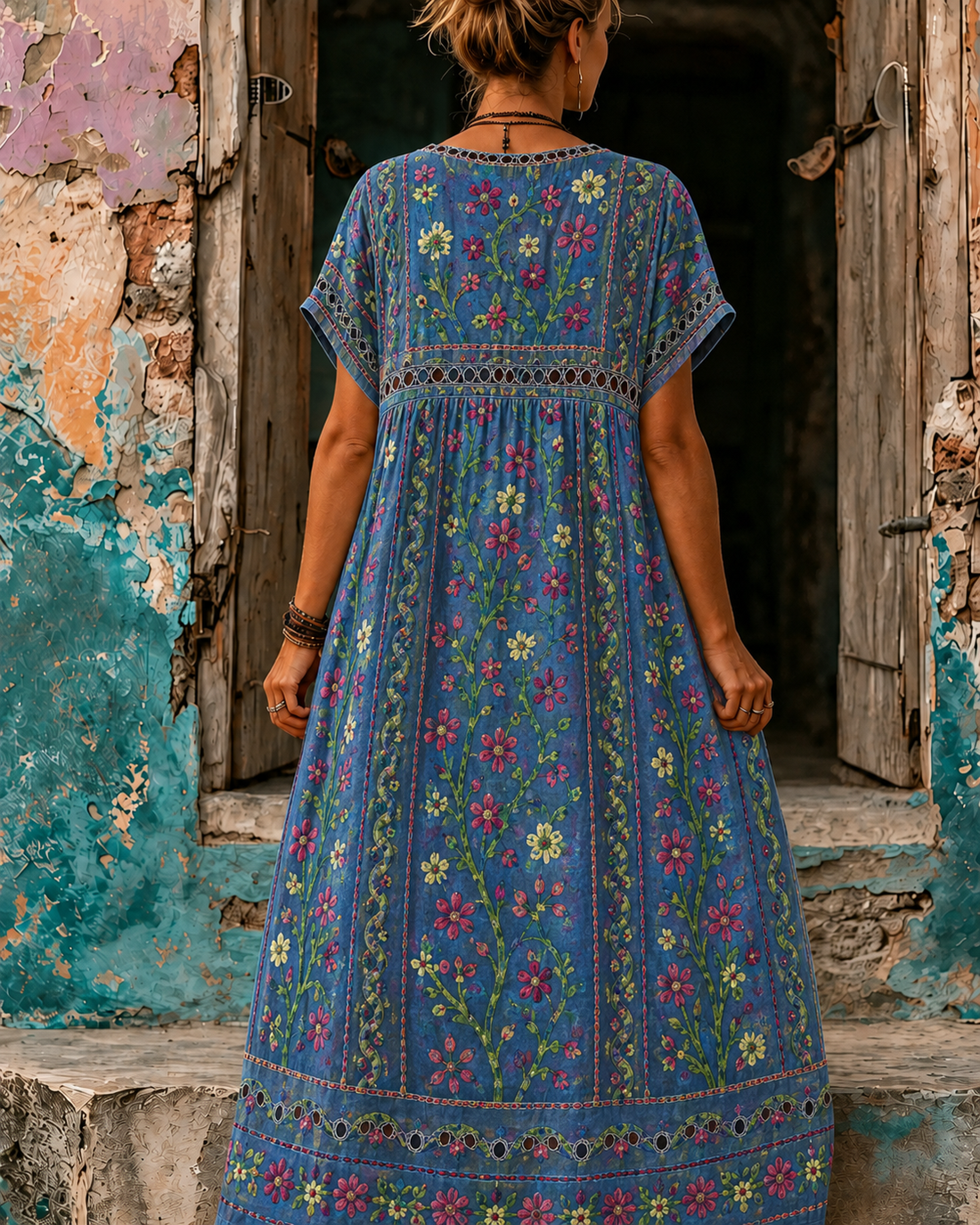 Women's Vacation Linen Boho Floral Print V-Neck Short Sleeve Maxi Dress
