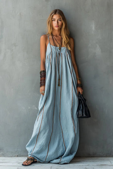 Women's Light Blue Stripe Embroidered Slip Maxi Dress