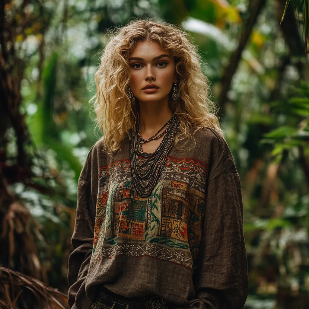 Bohemian Resort Vintage Linen Print Casual Long Sleeve Top