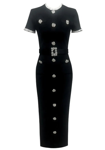 Short Sleeve Belt Detail Midi Dress Black