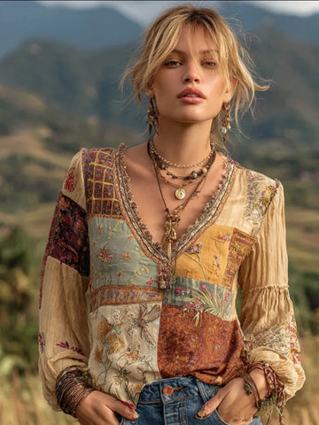 Vintage Bohemian Floral Embroidery Patchwork Long Sleeve Top