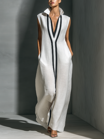 Women's White Linen Fabric Sleeveless Maxi Dress With Black Contrast Trim MDZ1973A8T