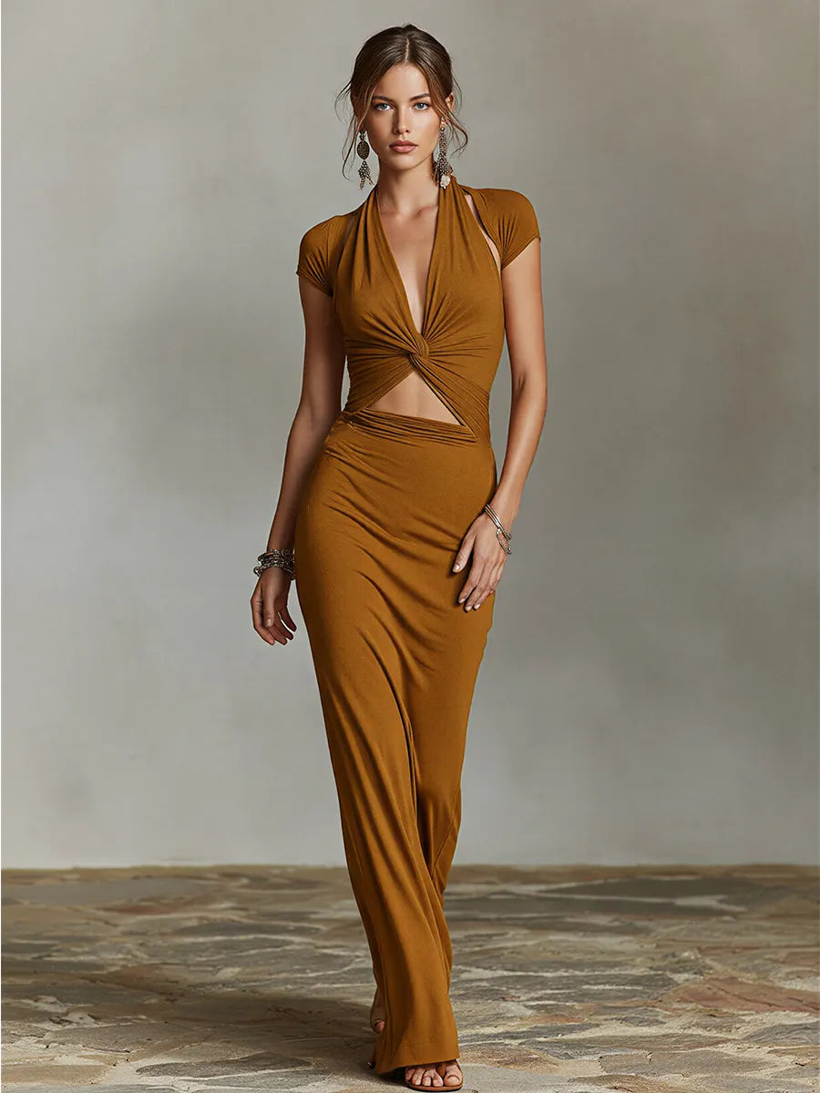 Women's Mustard Bodycon Maxi Dress With Deep V-Neck & Cap Sleeves, Contemporary Elegant Evening Dress MDZ2841D3LYL