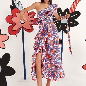 Ruffle One Shoulder One Piece Swimsuit and Skirt
