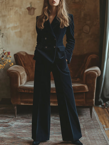 [24-hour shipping out]Retro Fashion Navy Lapel Corduroy Double-breasted Blazer and Wide-leg Pants Two-piece Set