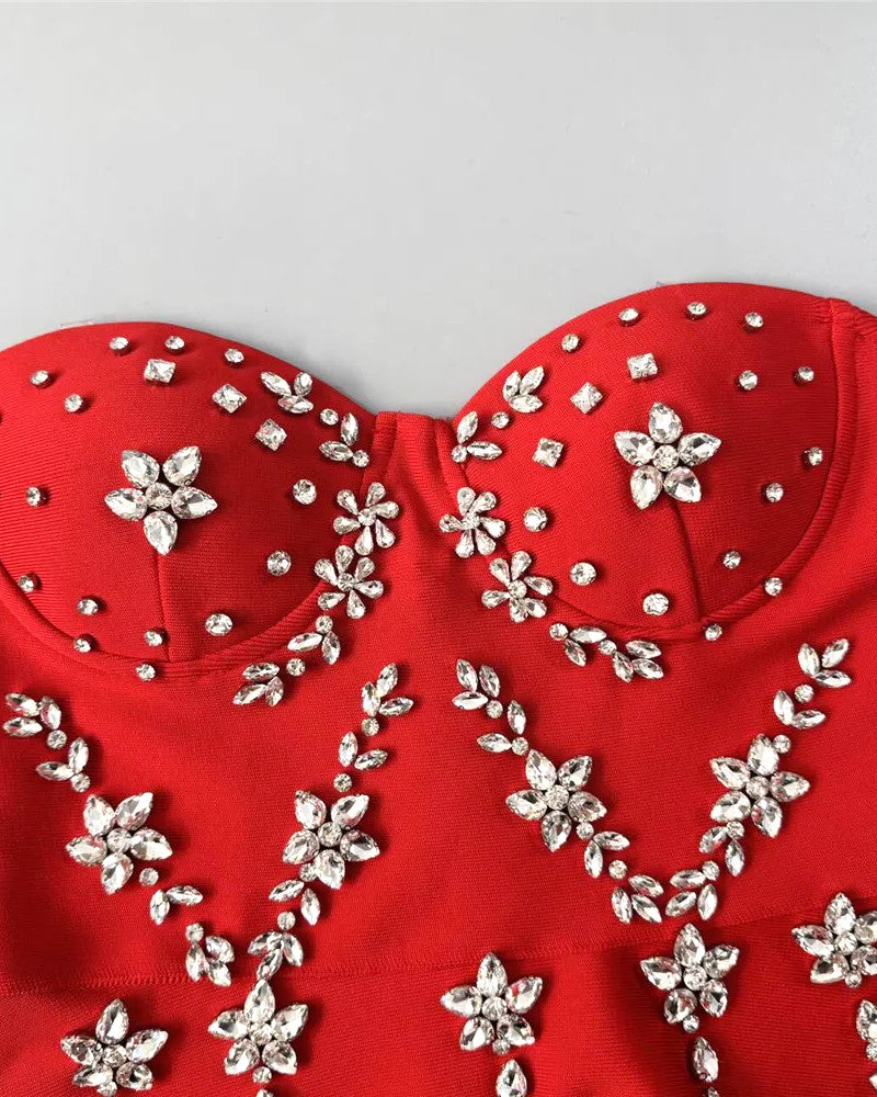 Strapless Crystal Bustier A Line Dress Red
