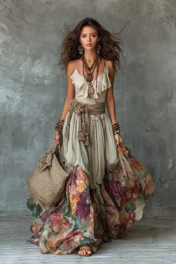 Women's Bohemian Ruffle Maxi Dress with Layered Floral Hem
