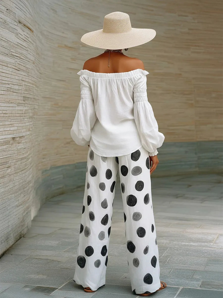 White Off-shoulder Top And Polka Dot Wide-leg Pants Set