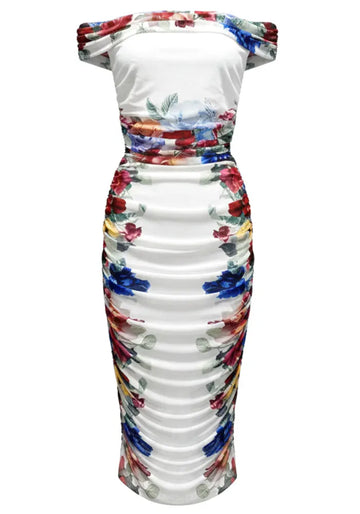 Draped Floral Bardot Midi Two Piece Dress White