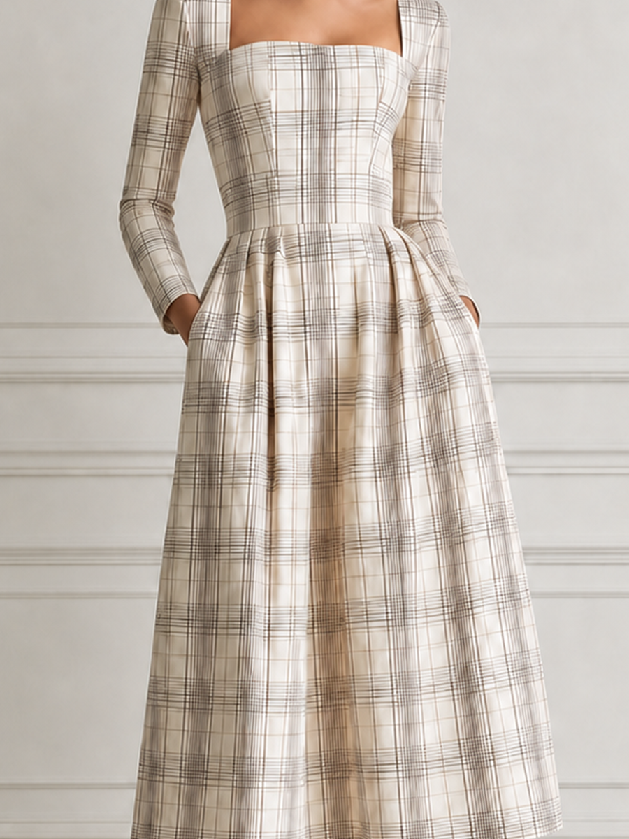 Ivory Plaid Square Neck Long Sleeve Pleated A-Line Midi Dress