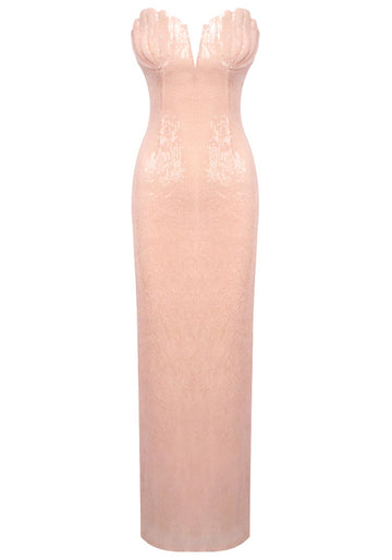 Strapless Shell Bustier Sequin Maxi Dress Coral Pink