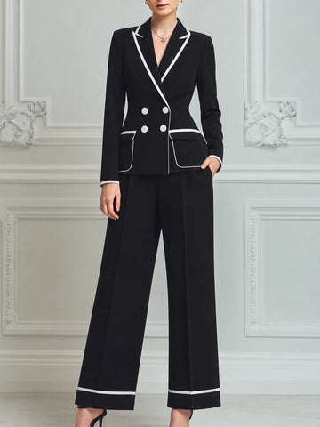 Black Contrast Trim Blazer & Wide Leg Pants Set