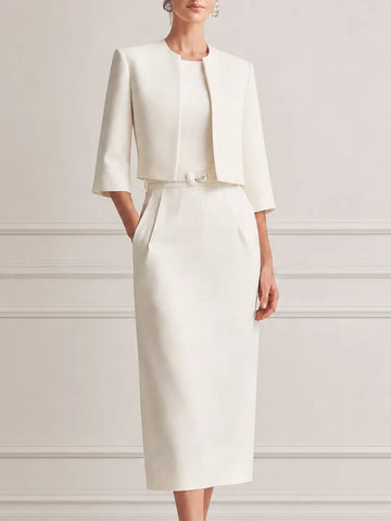 Ivory Collarless Cropped Jacket & Belted Pencil Midi Dress Two-Piece Suit Set