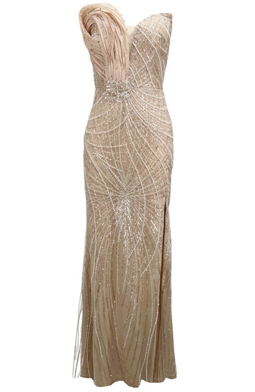Strapless Draped Pearl Sequin Crystal Maxi Dress Nude