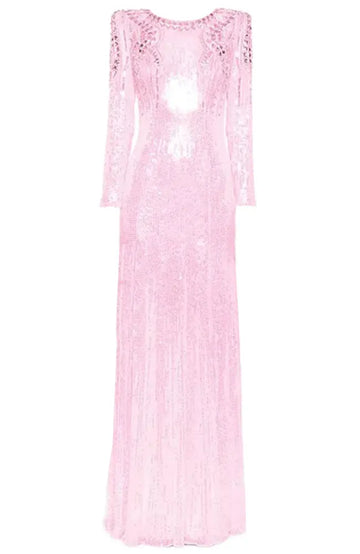 Long Sleeve Crystal Sequin Maxi Dress Pink