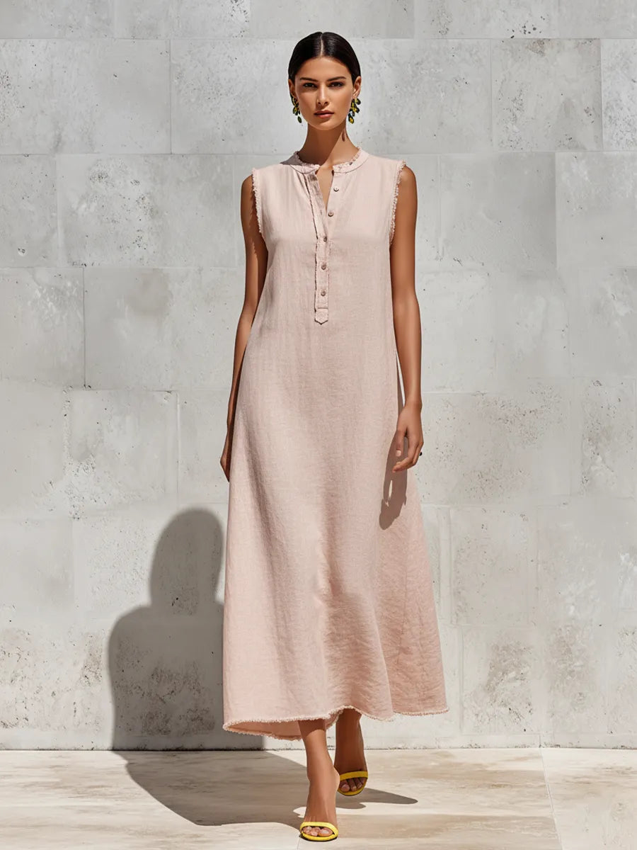Women's Blush Pink Linen-Blend Maxi Dress With Frayed Trim & Henley Neck, Timeless Minimalist-Chic Style Dress MDZ2242D0LYL