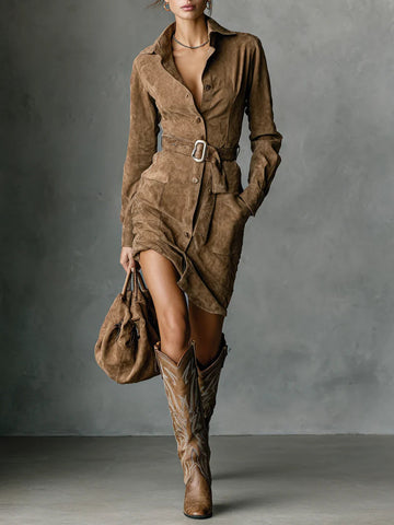 Suede Single Breasted Lapel Long Sleeve Midi Dress(Belt not included)
