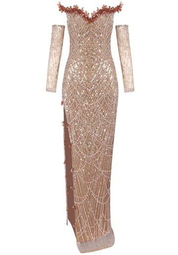 Strapless Crystal Sequin Maxi Dress Gold