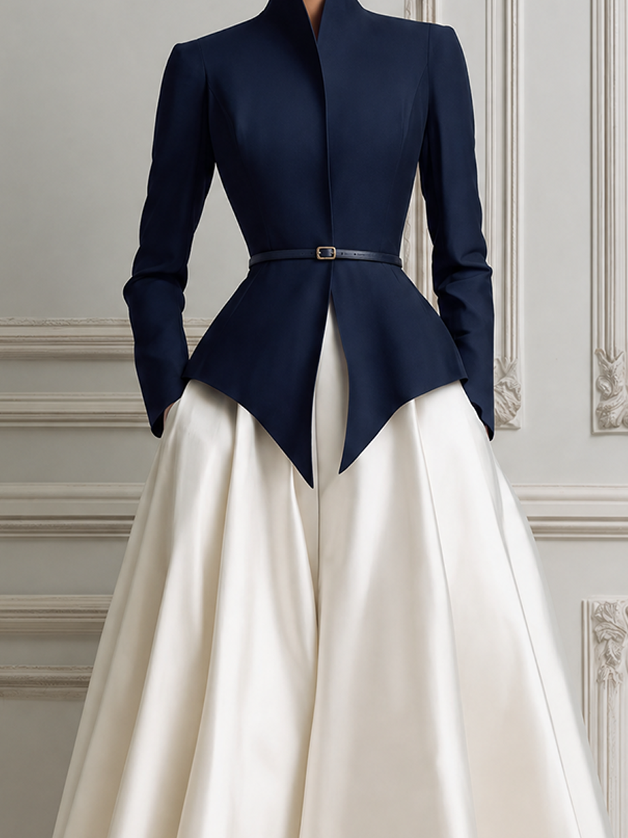 Navy Stand Collar Peplum Jacket &  A-Line Midi Skirt Two-Piece Suit Set