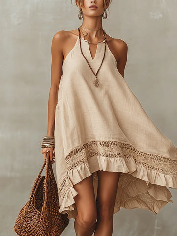Beige lace-panelled mini dress with tie detail