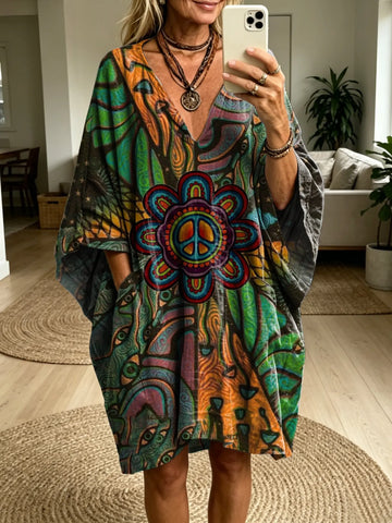 Women's Retro Hippie Floral Patchwork Art Print Casual Fashion Batwing Sleeve Dress