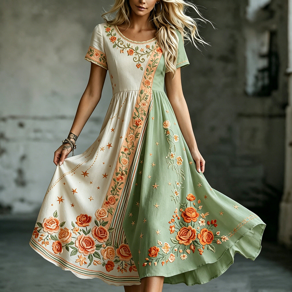 Women's Retro Bohemian Rose Irregular Casual Round Neck Dress