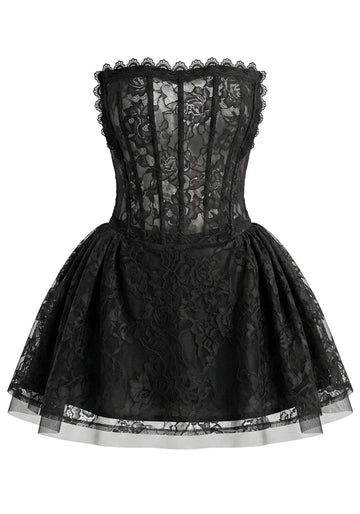 Strapless Scalloped Lace A Line Dress Black