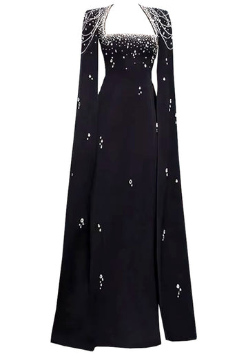 Cape Sleeve Crystal Pearl Maxi Dress Black
