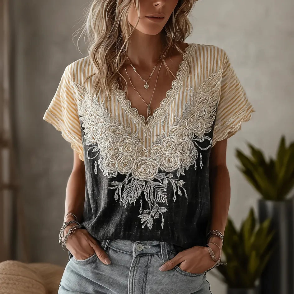Butterfly Flower Embroidery Patchwork Striped Design Women's Summer Linen T-shirt