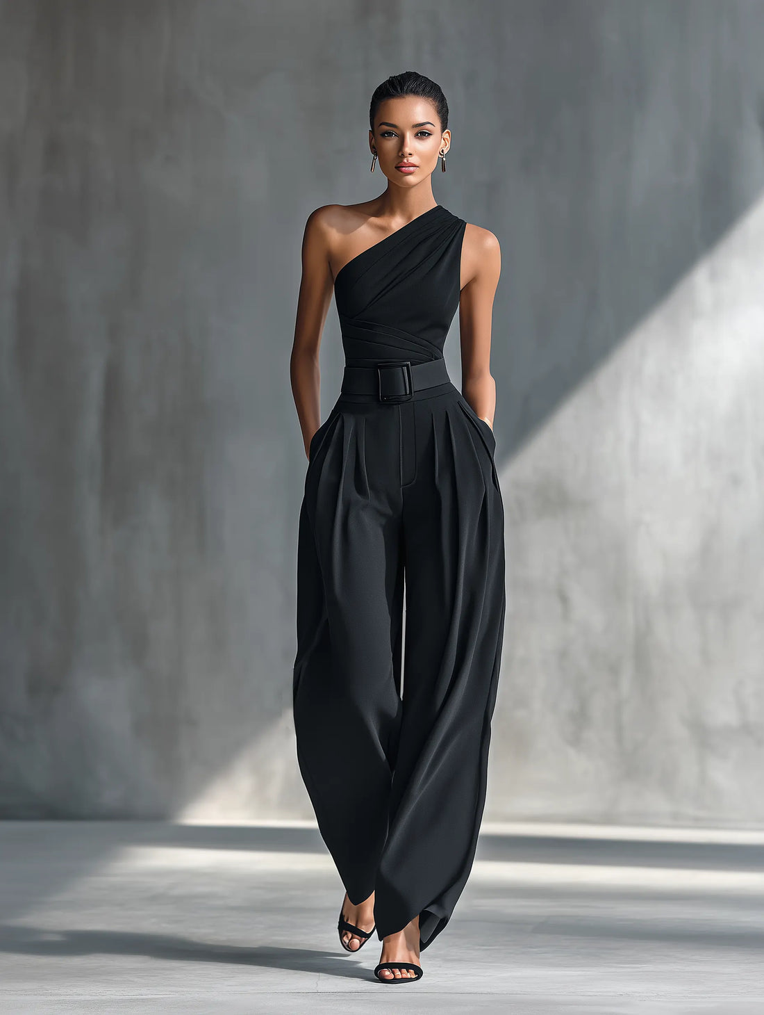 Women's Black High-elastic Knit Top And Acetate Wide-leg Pants MDZ1068B3T